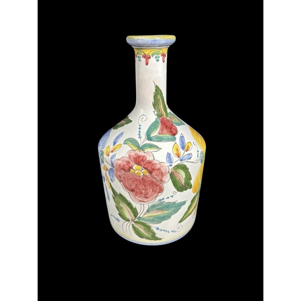 Vintage Berardos Portugal Hand Painted & Thrown Floral Ceramic Vase Weed Pot 10"